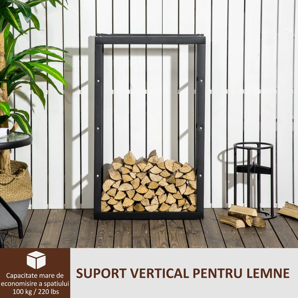 HOMCOM Suport Lemne pentru Interior și Exterior din Țevi de Fier, Capacitate 100 kg, 60x25x100 cm | Aosom Romania