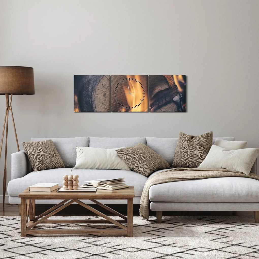 Tablou - Lemn în foc (cu ceas) (90x30 cm)