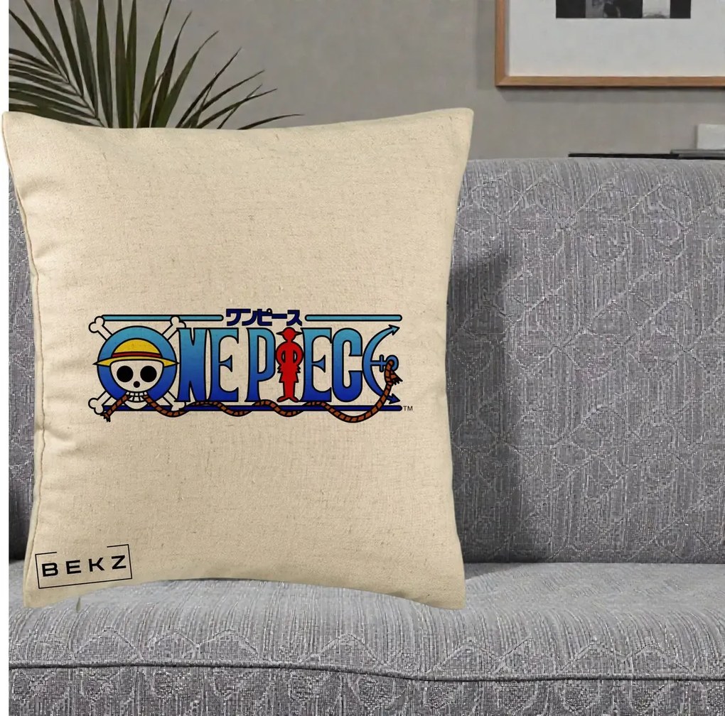 Perna Personalizata One Piece Clasic Albastru, 40x40 cm, Bej, Husa Detasabila, Perna Inclusa, BEKZ®