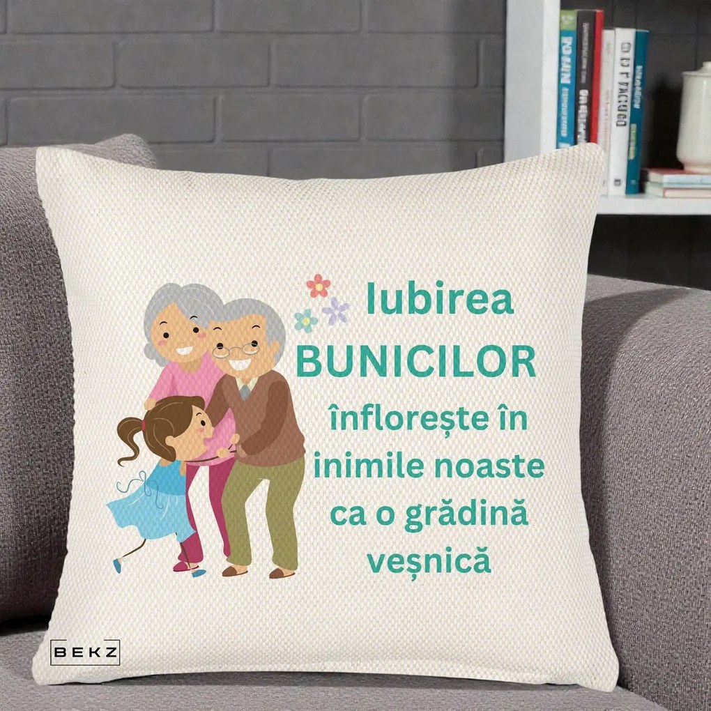 Cadou pentru Bunici - Perna Personalizata Bunicii Iubirea Infloreste cu Nepoata Teal, 40x40 cm, Crem Reliefat, Husa Detasabila, Perna Inclusa, BEKZ®