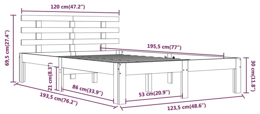 Cadru de pat mic dublu 4FT, gri, 120x190 cm, lemn masiv Gri, 120 x 190 cm