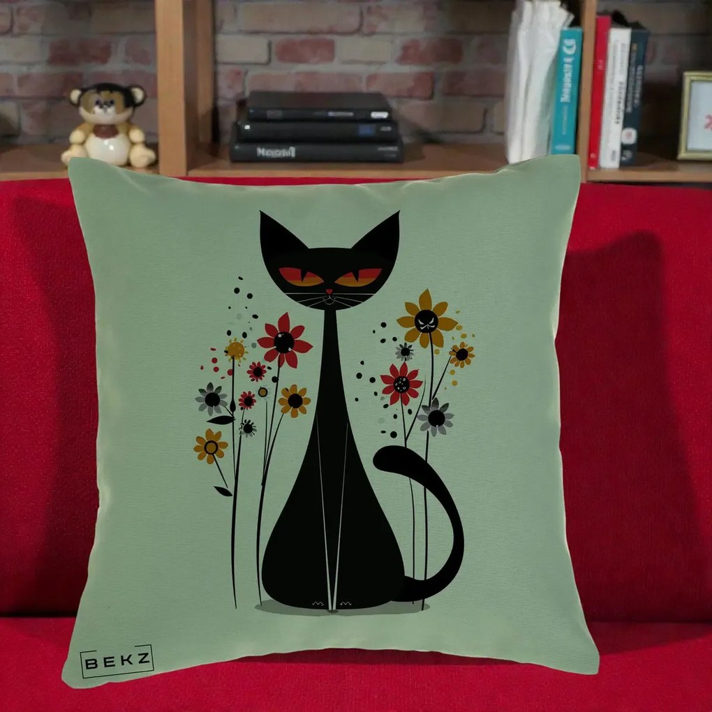 Perna Decorativa Pisica Neagra Ochi Rosii Flori, 40x40 cm, Verde, Husa Detasabila, Perna Inclusa, BEKZ®