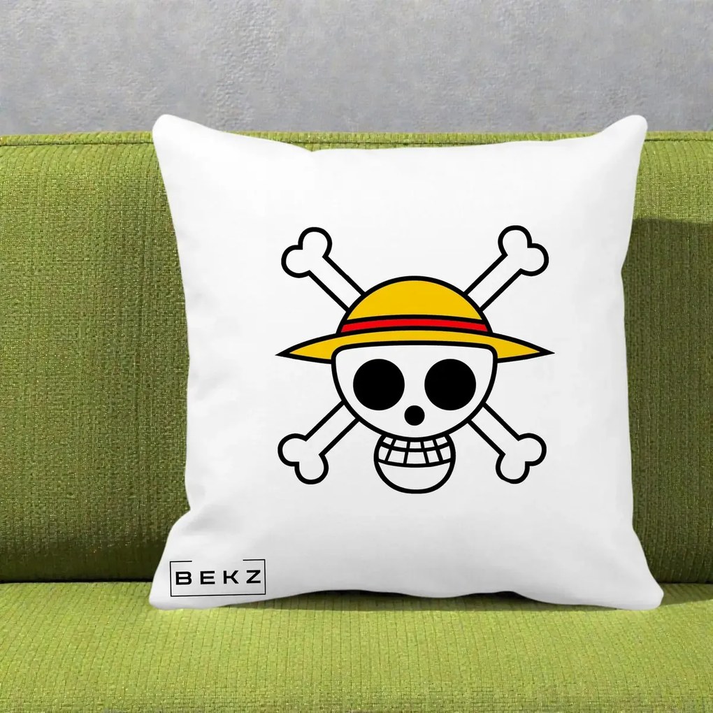 Perna Personalizata One Piece Jolly Roger Straw Hat Pirates, 40x40 cm, Alba Mata, Husa Detasabila, Perna Inclusa, BEKZ®