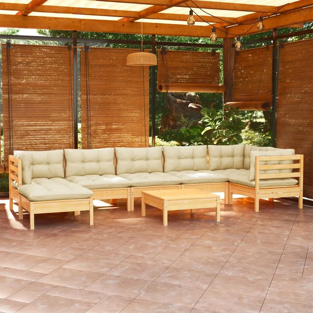 vidaXL Set mobilier de grădină cu perne crem, 8 piese, lemn masiv pin