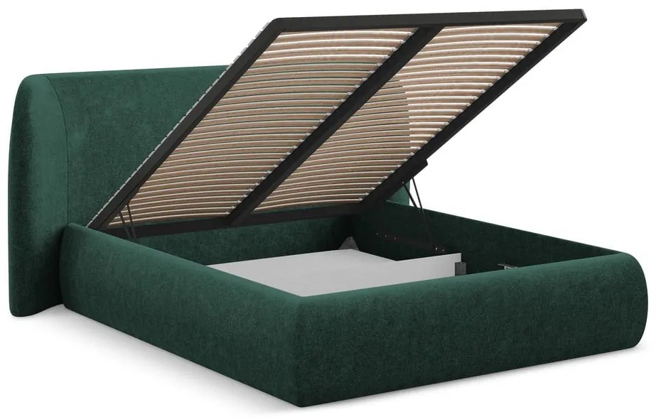 Pat matrimonial verde închis tapițat cu spațiu de depozitare cu somieră 180x200 cm Hauke – Makamii
