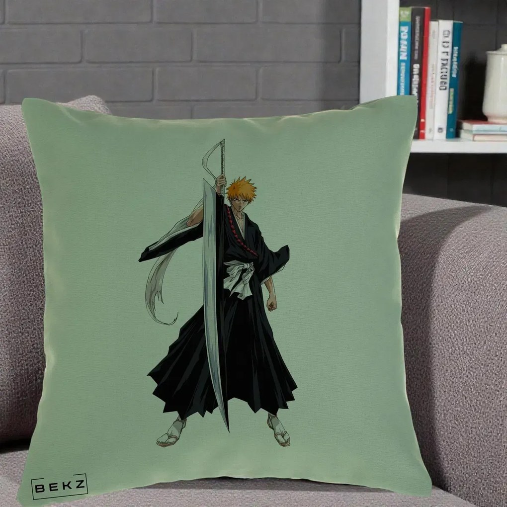 Perna Personalizata Bleach Ichigo Kurosaki Zangetsu, 40x40 cm, Verde, Husa Detasabila, Perna Inclusa, BEKZ®