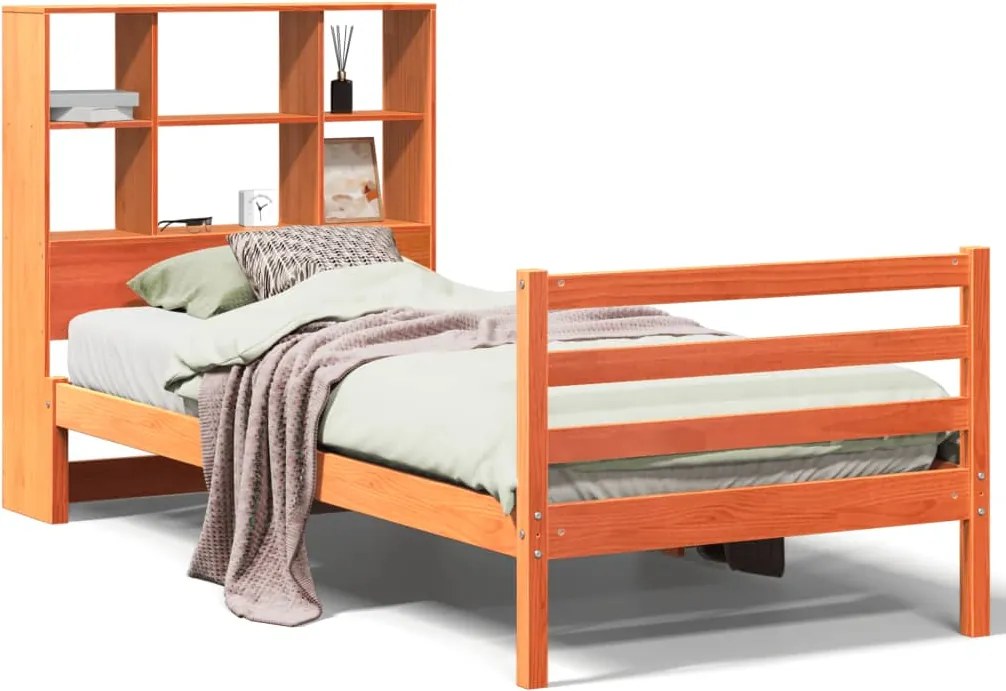 vidaXL Pat cu bibliotecă fără saltea, maro, 100x200 cm, lemn masiv