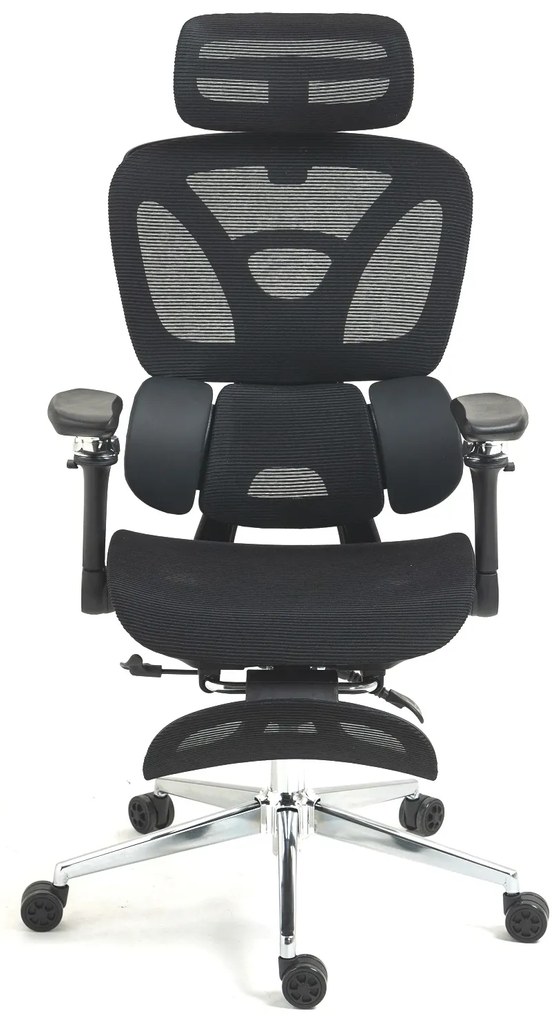 METACHAIR DORO Scaun ergonomic, cotiere 6D, suport lombar dinamic, spătar reglabil înălțime, tetieră 2D, suport picioare, mecanism multifunctional inclinare/blocare, pivotant, Mesh, Negru