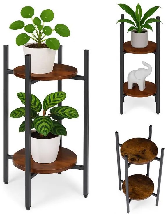 Suport pentru flori Loft - raft cu 2 etaje cu rafturi rotunde din lemn