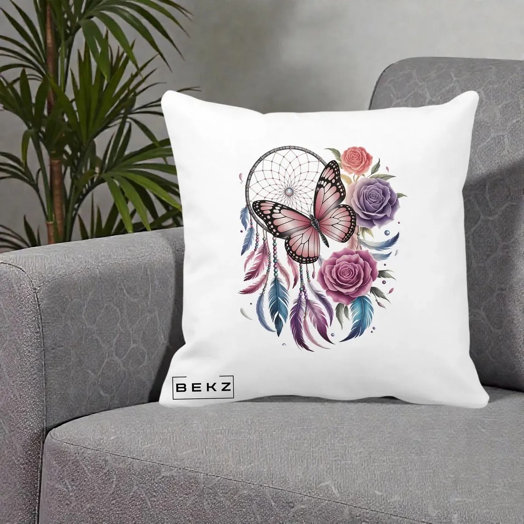 Perna Personalizata Prinzator de Vise cu Fluture si Trandafiri, 40x40 cm, Alba Mata, Husa Detasabila, Perna Inclusa, BEKZ®