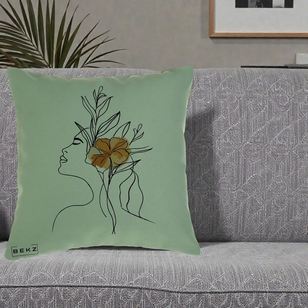 Perna Decorativa Portret Feminin Floare Portocalie Lateral, 40x40 cm, Verde, Husa Detasabila, Perna Inclusa, BEKZ®