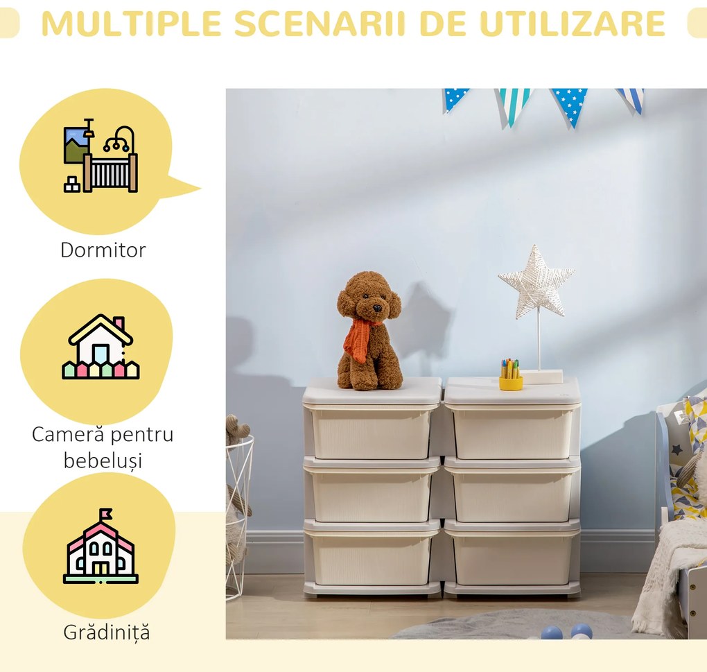 HOMCOM Comodă cu 6 Sertare pentru Copii 3-6 Ani cu Margini Rotunjite, din PP Crem, 75x37x56.5 cm | Aosom Romania