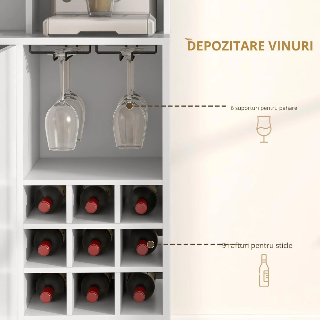 HOMCOM Dulap de Bucătărie cu Depozit de Vinuri, Bufet cu Cabină, Blat cu Microunde, Sertar, Poliță, Uși din Sticlă, 100x38x172 cm, Alb | Aosom Romania