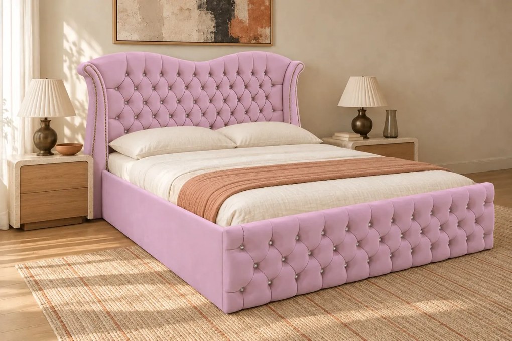 Pat tapițat Chesterfield Avella 160×200 cm, roz, cu ladă de depozitare