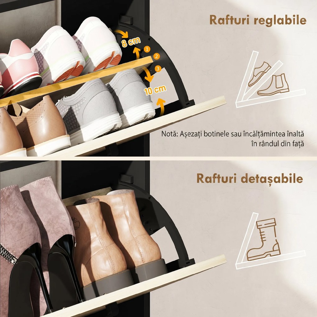 HOMCOM Dulap pentru pantofi slim cu 2 sertare și 3 compartimente deschise, Capacitate 15 perechi, 83x24x90.5 cm, Negru | Aosom Romania