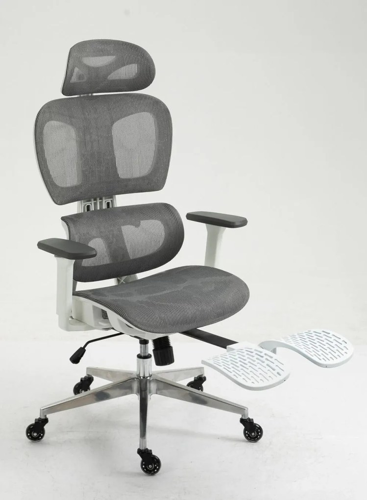 RESIGILAT- Scaun ergonomic, suport picioare, tetiera, reglabil, Mesh, Gri/Alb