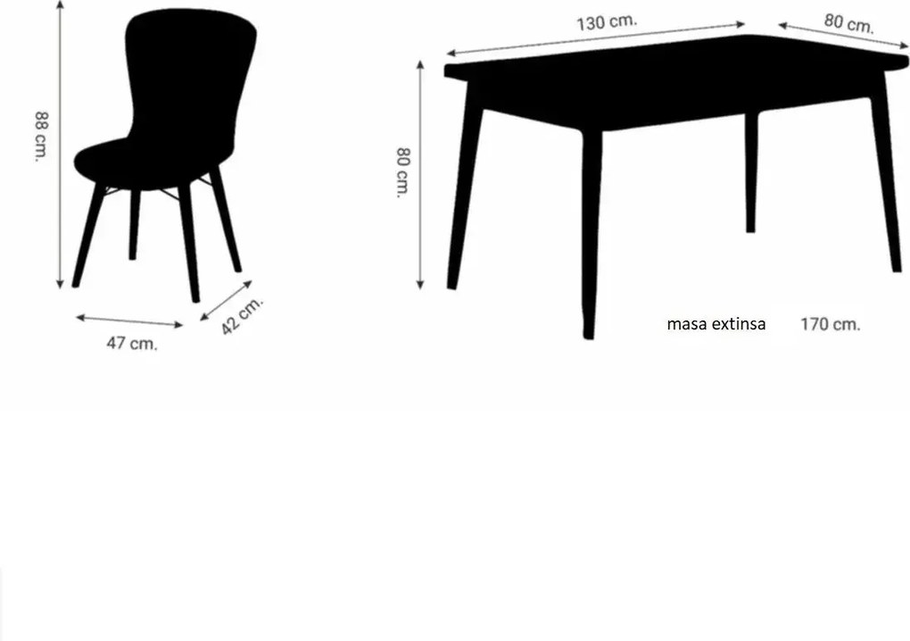 Set masa alba extensibila cu 6 scaune tapitate maro Homs Cristal 170 x 80 cm, picioare lemn
