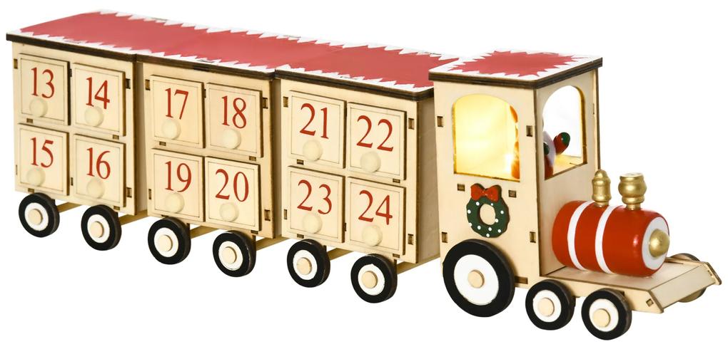 Calendar de Craciun, calendar advent in forma de tren cu Mos Craciun si lumina LED inclusa, lemn HOMCOM | Aosom RO