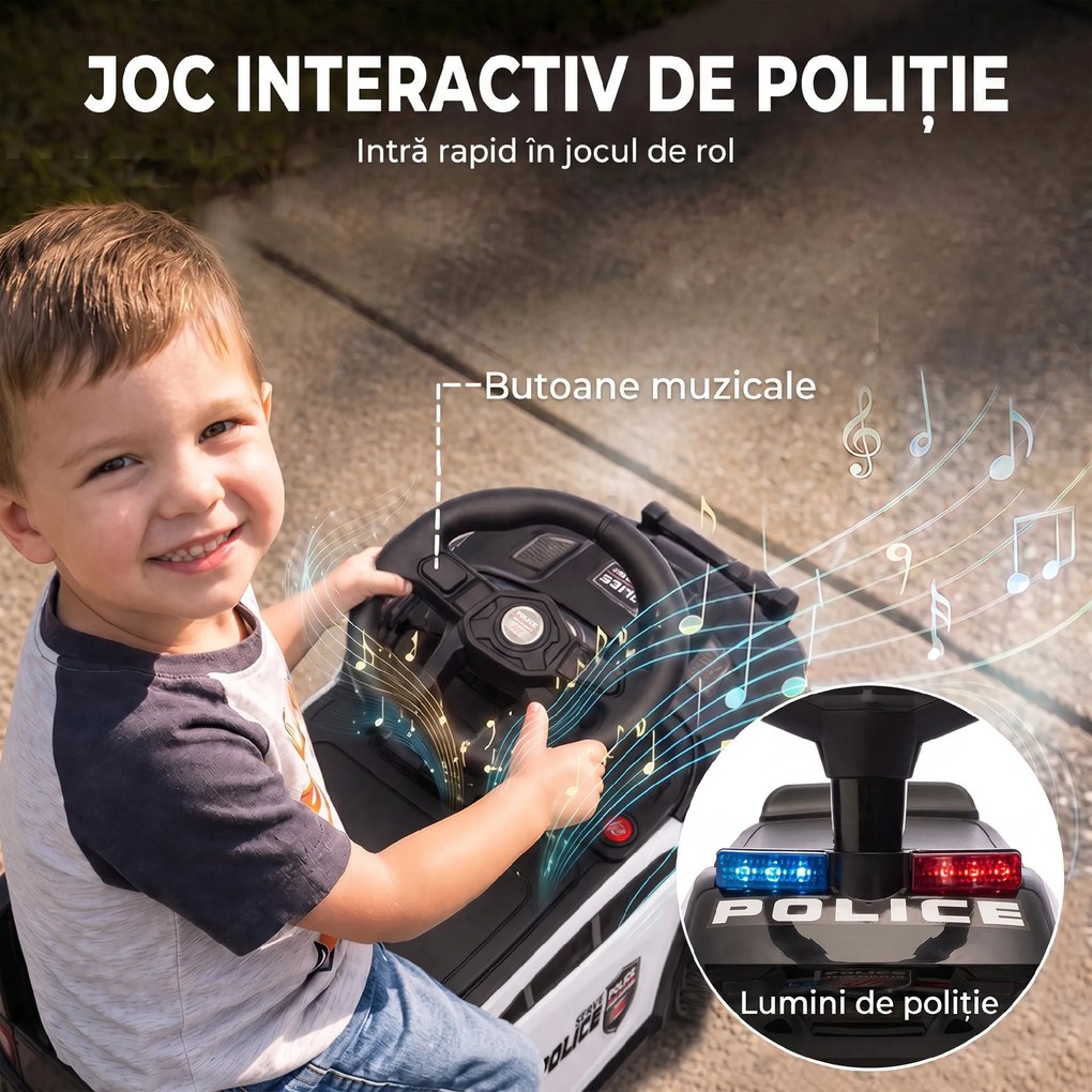 AIYAPLAY Mașinuță Ride-on Copii 18-36 Luni, Model Poliție, Muzică, Spațiu Sub Scaun, Negru | Aosom Romania