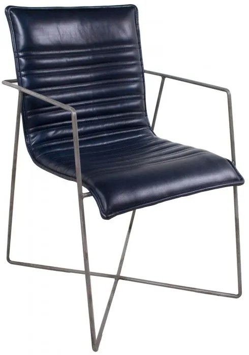 Scaun dining, albastru, din piele naturala si metal, Saint-Tropez