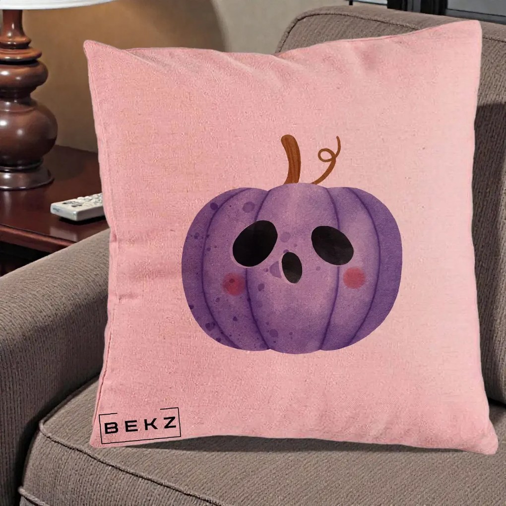 Perna Decorativa Dovleac Halloween Mov Kawaii, 40x40 cm, Roz, Husa Detasabila, Perna Inclusa, BEKZ®