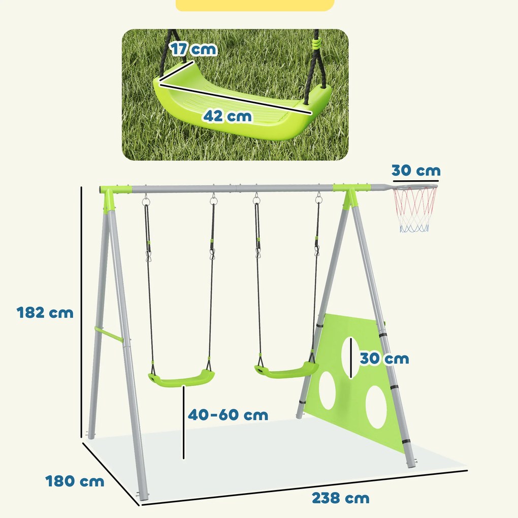 AIYAPLAY Leagăn de Grădină 3 în 1 pentru Copii 3-8 Ani cu Coș de Baschet și Poartă de Fotbal, 238x180x182 cm, Verde | Aosom Romania
