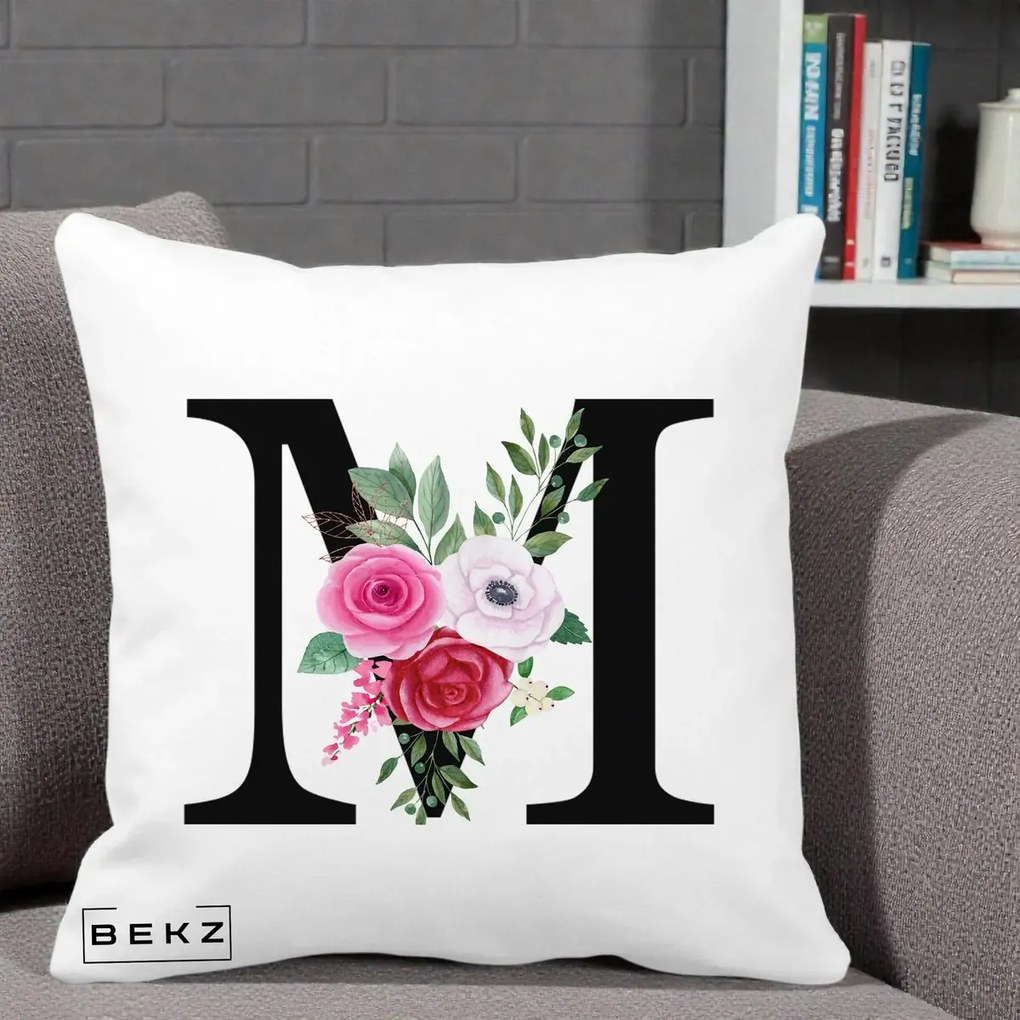 Cadou Personalizat - Perna Personalizata Monograma Florala Litera M cu Trandafiri si Anemona, 40x40 cm, Alba Mata, Husa Detasabila, Perna Inclusa, BEKZ®