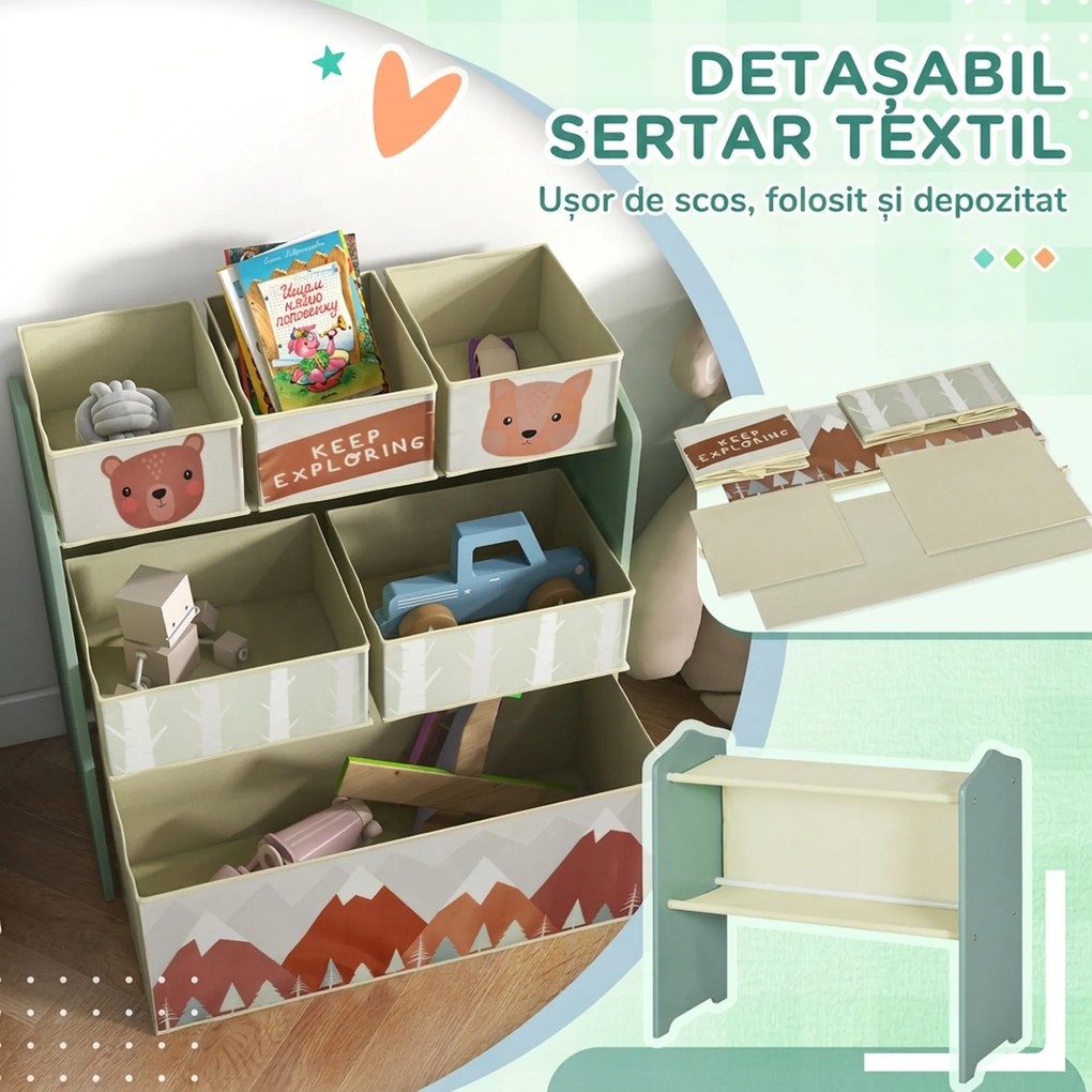 ZONEKIZ Raft Mobil pentru Jucării, Comodă cu 6 Rafturi Detașabile din Material Textil, 63x30x66 cm, Verde | Aosom Romania