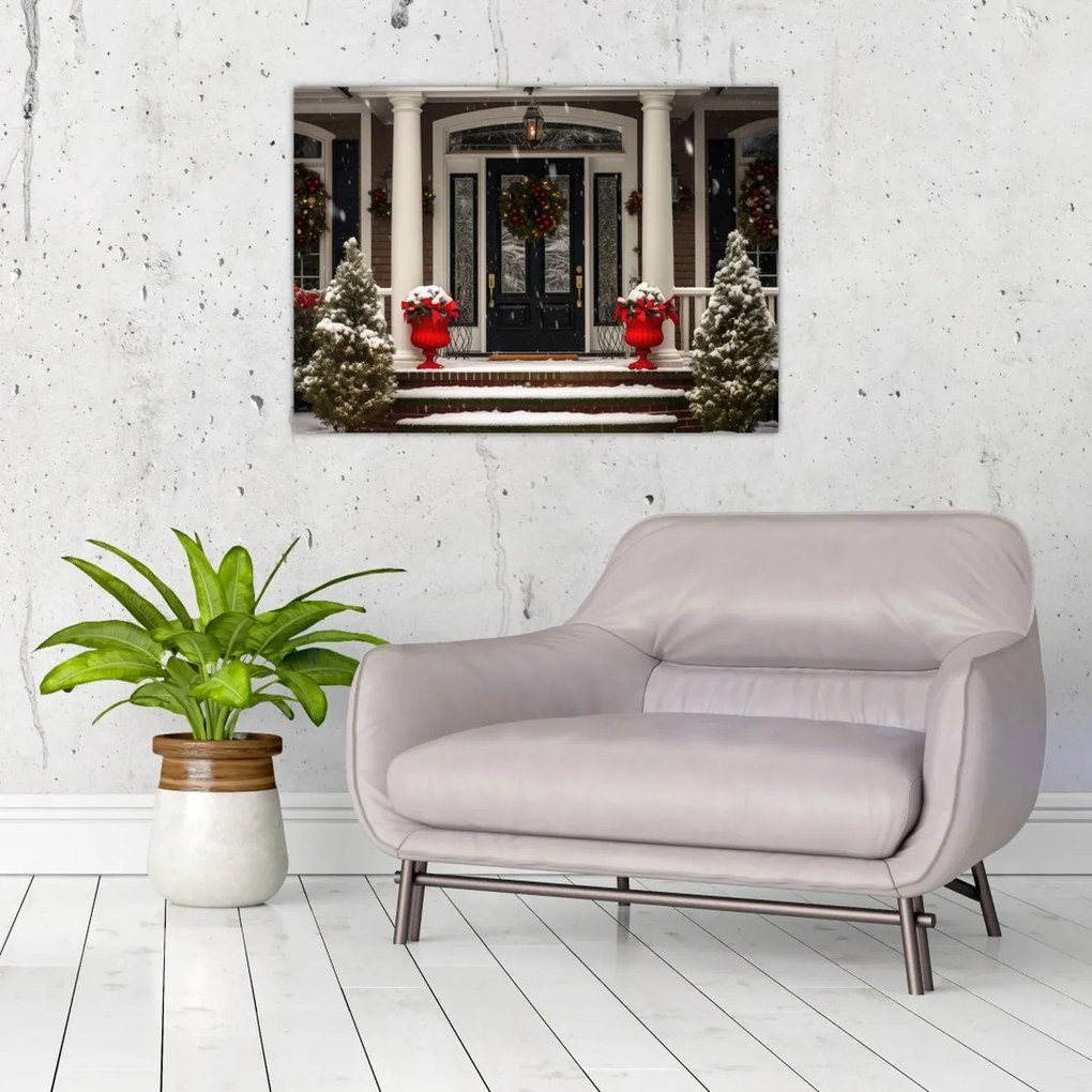 Tablou pe sticlă - Casa decorată de Crăciun (70x50 cm)