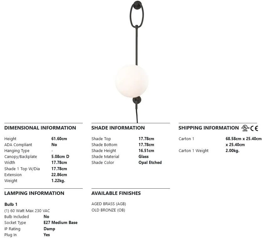 Aplica de perete portabila, cu intrerupator pe cablu, design modern GINA, bronz antichizat