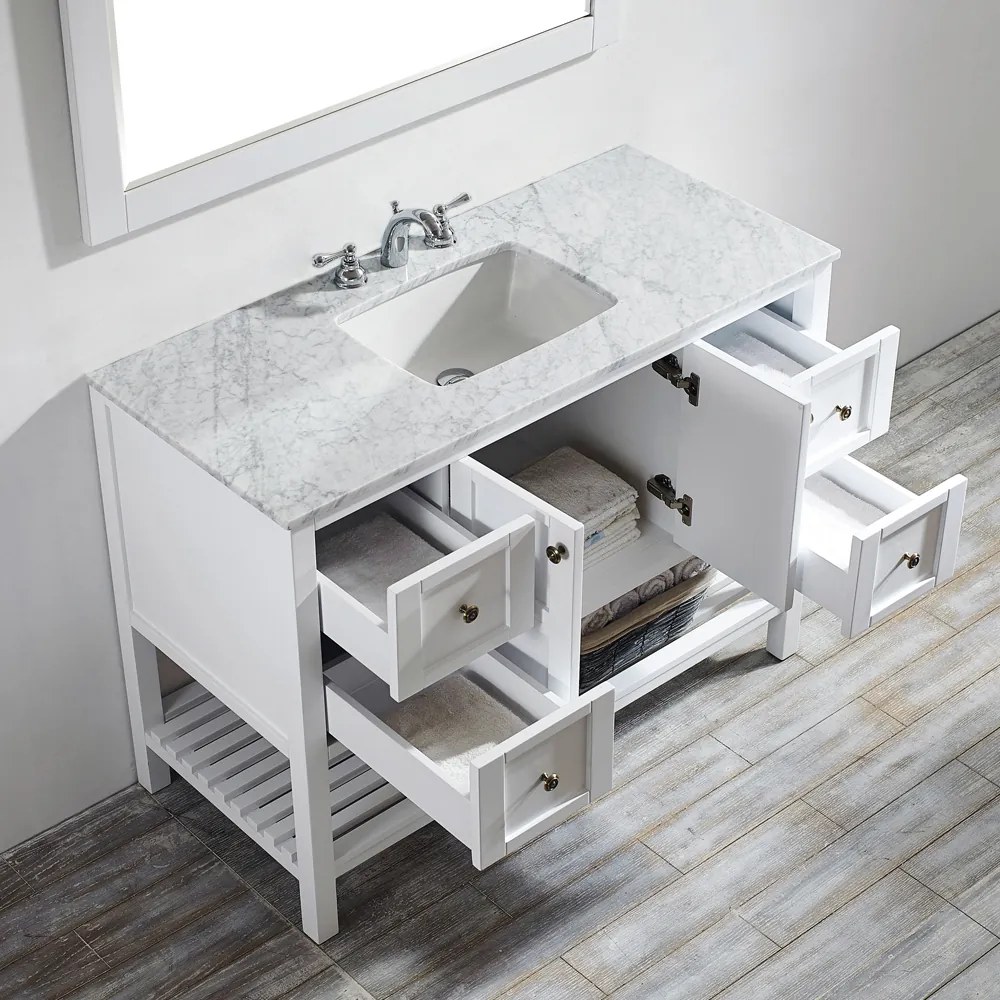 SET MOBILIER BAIE, DULAP LEMN CU LAVOAR, BLAT MARMURA CARRARA + OGLINDA, SIERA WHITE 122X55.8X91.7 CM, ALB