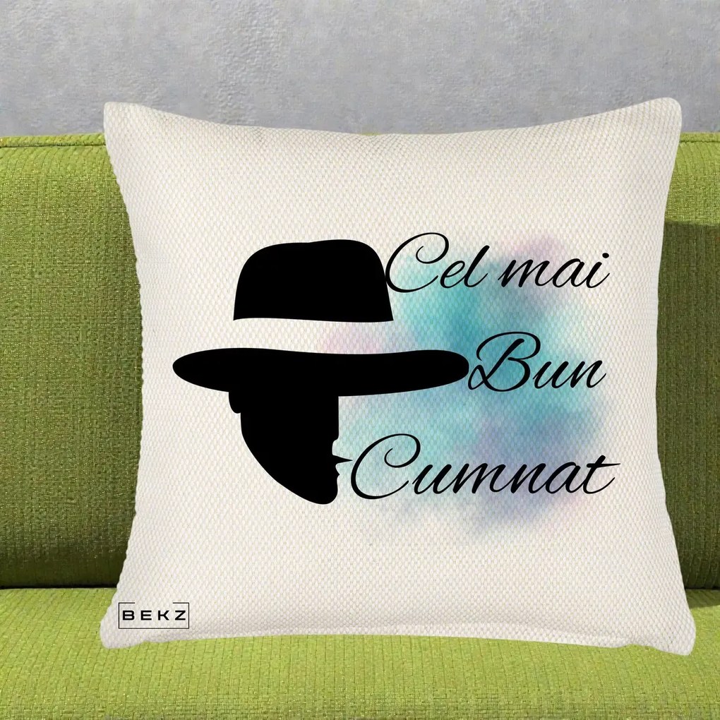 Cadou pentru Cumnat - Perna Personalizata Cel mai Bun Cumnat cu Silueta Palarie si Pete Teal-Roz, 40x40 cm, Crem Reliefat, Husa Detasabila, Perna Inclusa, BEKZ®