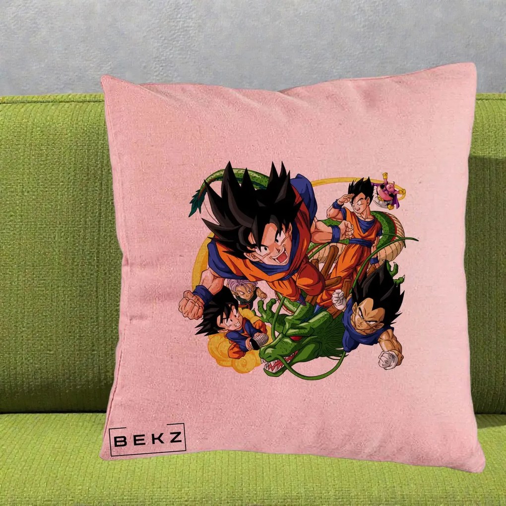 Perna Personalizata Dragon Ball Goku si Shenron Actiune, 40x40 cm, Roz, Husa Detasabila, Perna Inclusa, BEKZ®