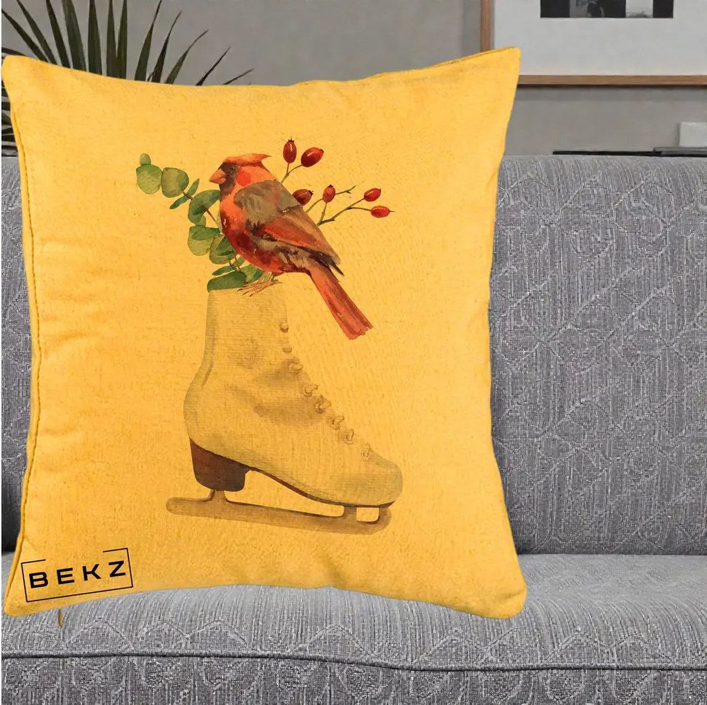 Perna Decorativa Cardinal Rosu pe Patina de Gheata, 40x40 cm, Galben, Husa Detasabila, Perna Inclusa, BEKZ®