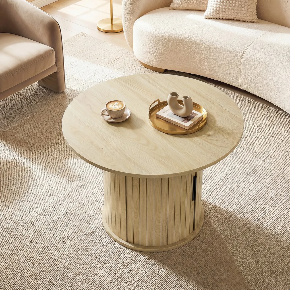HOMCOM Masă de cafea rotundă, masă pentru living cu depozitare, ușă glisantă cu lamele, 2 rafturi, efect lemn natural | Aosom Romania
