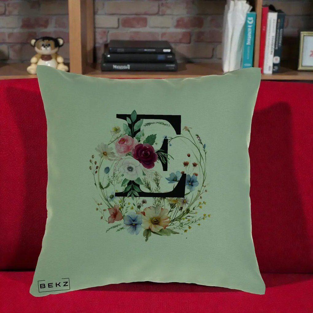 Cadou Personalizat - Perna Personalizata Monogram Litera E cu Flori Acuarela, 40x40 cm, Verde, Husa Detasabila, Perna Inclusa, BEKZ®