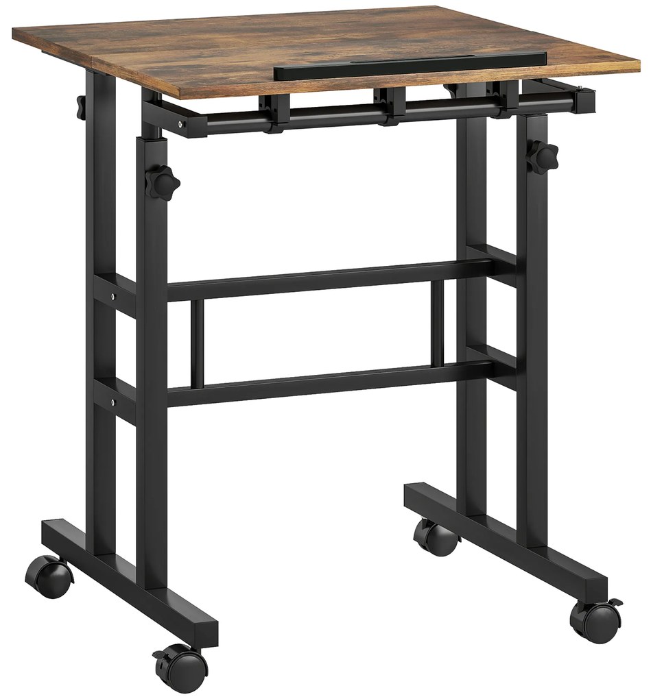 HOMCOM Birou reglabil pe înălțime pentru bucătărie cu raft, roți, birou pentru calculator Maro rustic 60 x 60 x 70,5-120 cm | Aosom Romania
