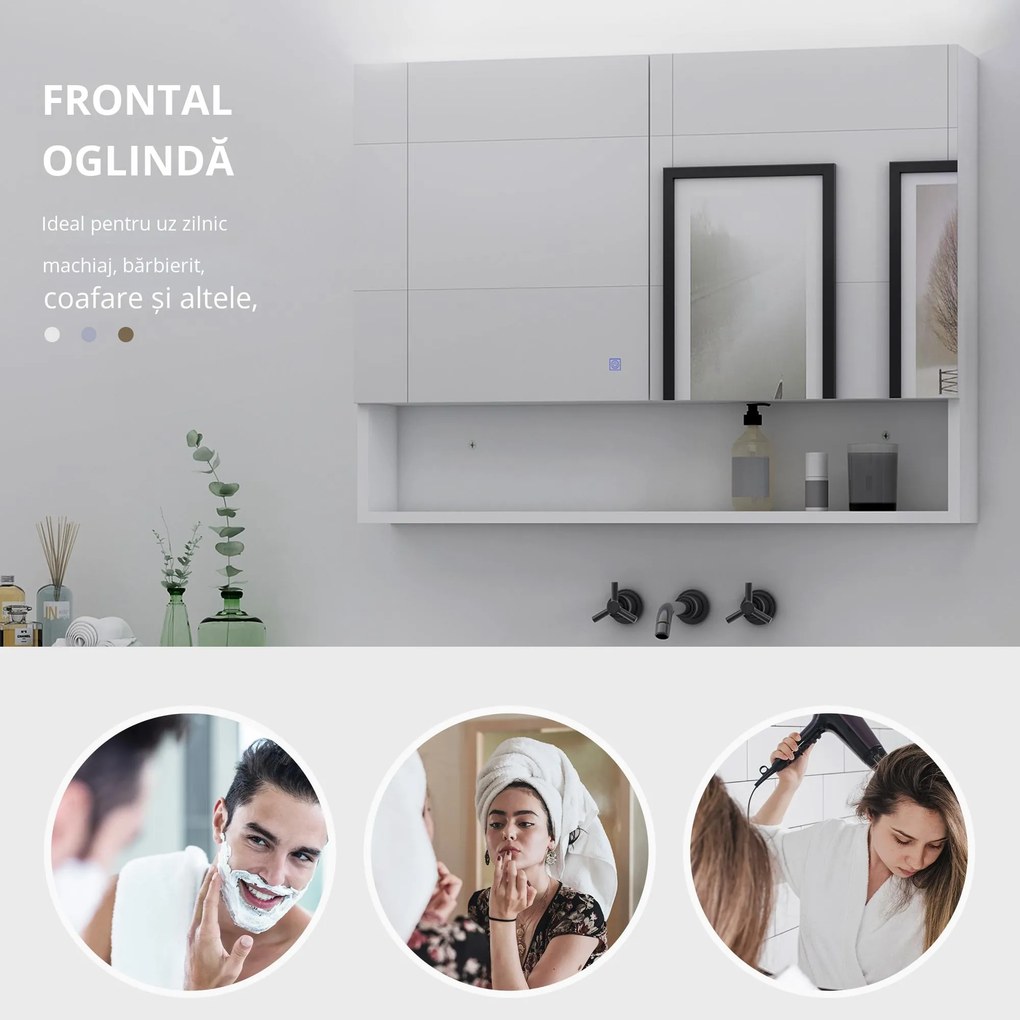 HOMCOM Dulap cu Oglindă de Perete cu Lumini LED și Rafturi Reglabile din Sticlă și MDF pentru Baie | Aosom Romania