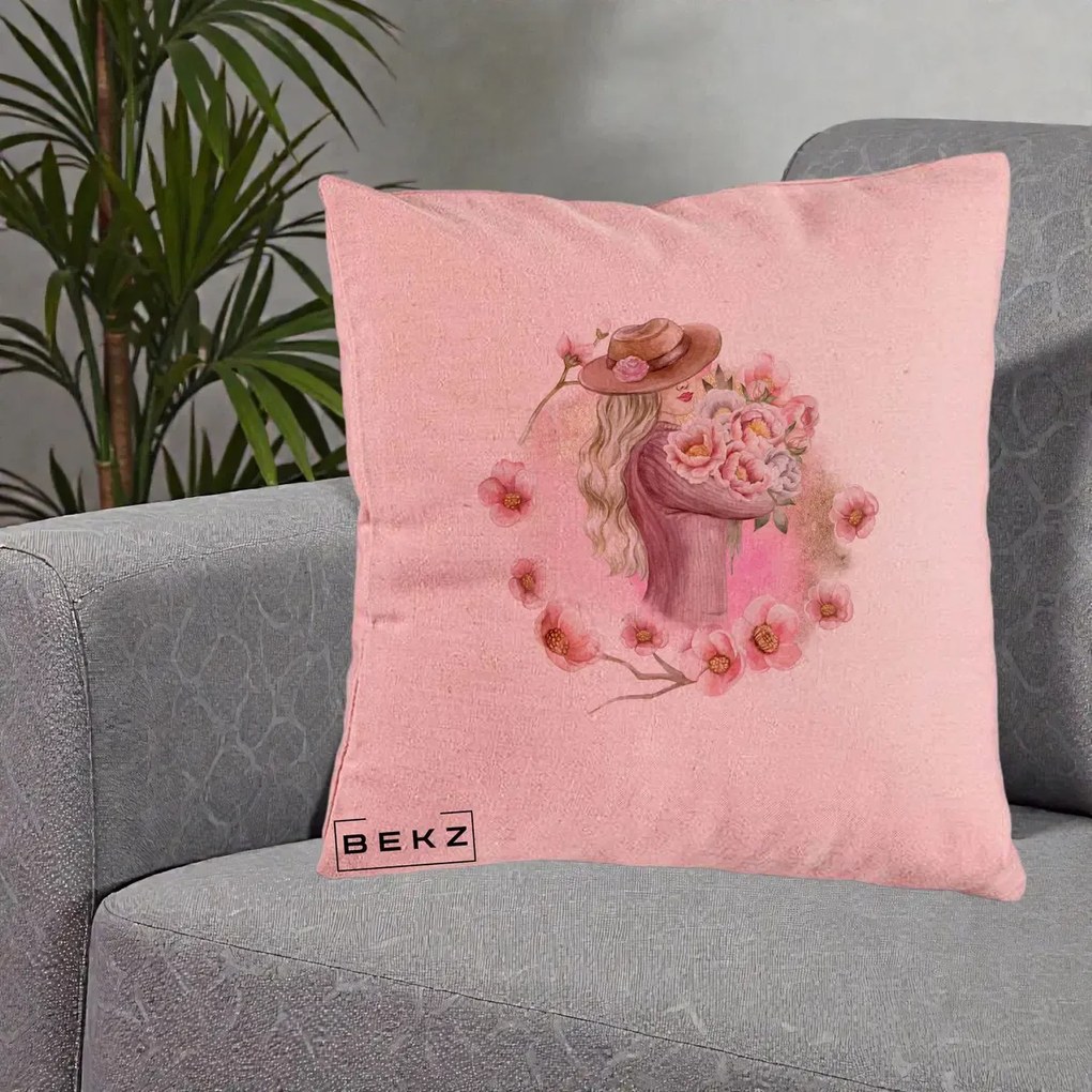 Perna Decorativa Femeie cu Flori Roz Acuarela, 40x40 cm, Roz, Husa Detasabila, Perna Inclusa, BEKZ®