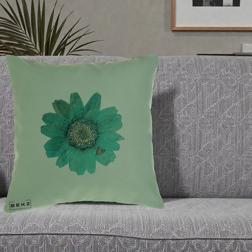 Perna Decorativa Floare Gerbera Teal Acuarela, 40x40 cm, Verde, Husa Detasabila, Perna Inclusa, BEKZ®