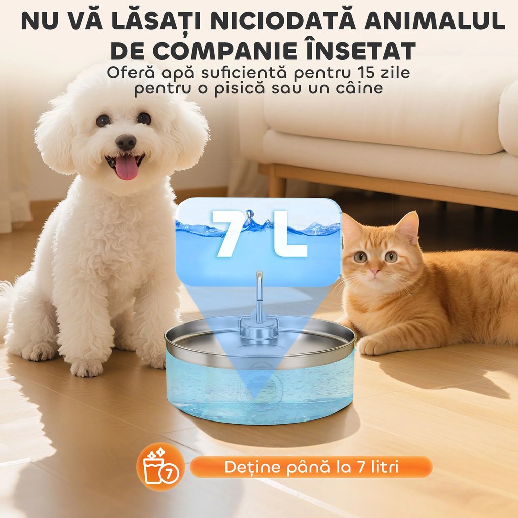 PawHut Fântână pentru Pisici 7L cu LED, 30,5x31,2x19,3 cm, Argintie | Aosom Romania