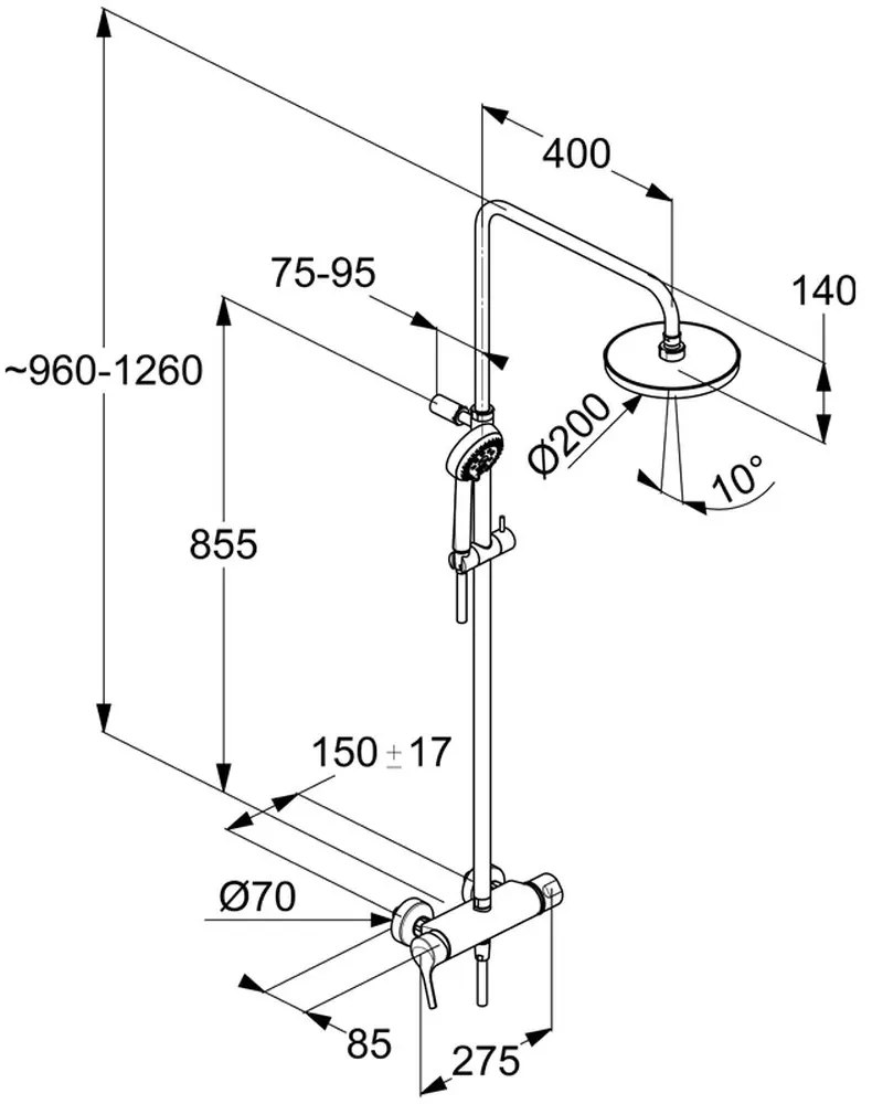 Set de dus Dual Shower System cu baterie, 20 cm, crom