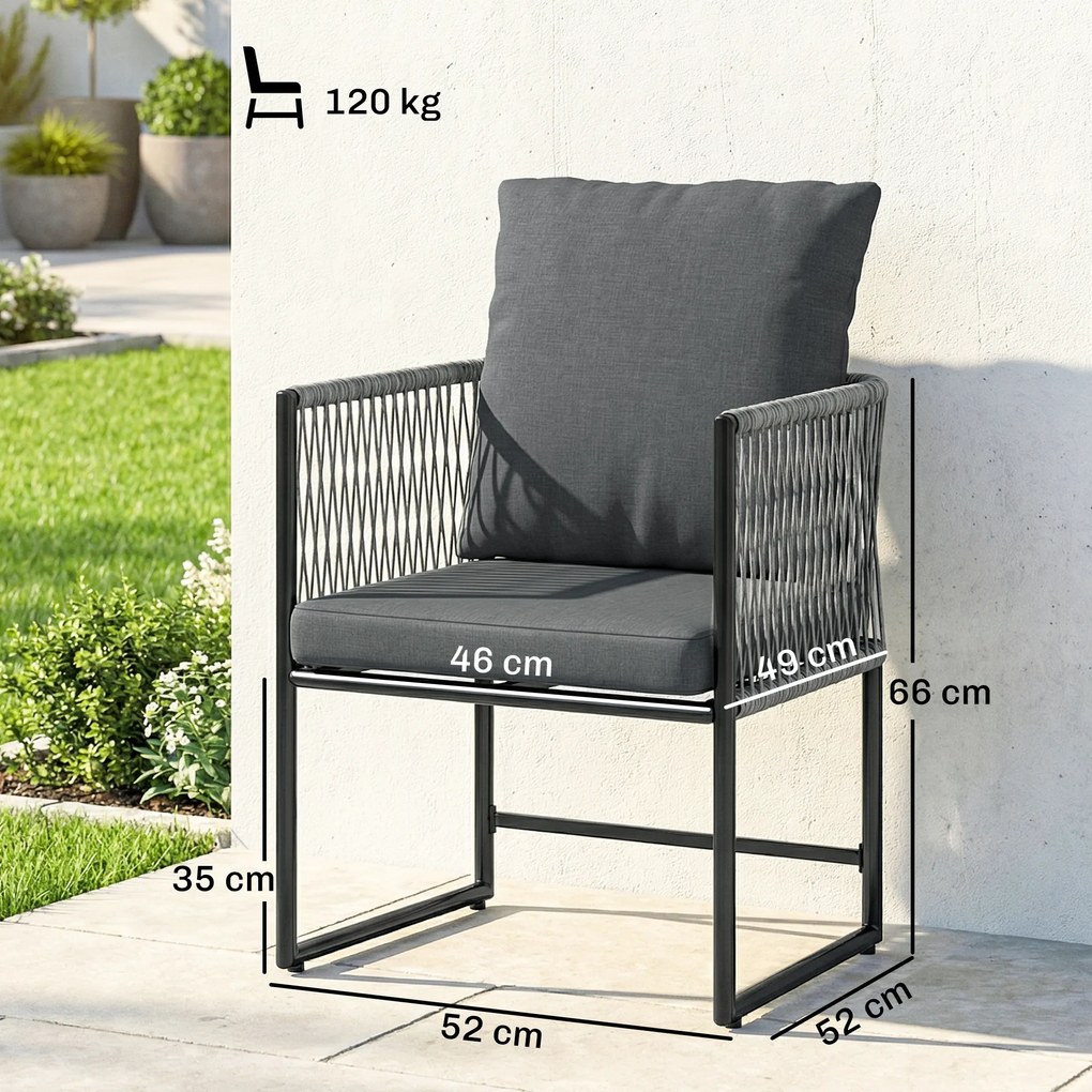 Outsunny Set 2 scaune de grădină rezistente la intemperii din oțel și PE-Rattan cu pernă cotieră spătar 52x52x66 cm Gri închis | Aosom Romania