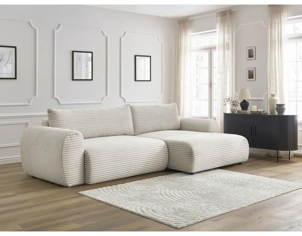 Colțar crem extensibil cu tapițerie din catifea reiată (cu colț pe partea dreaptă) Lucien – Bobochic Paris