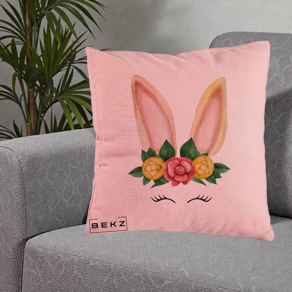 Perna Decorativa Iepuras Flori Urechi Pastelui, 40x40 cm, Roz, Husa Detasabila, Perna Inclusa, BEKZ®