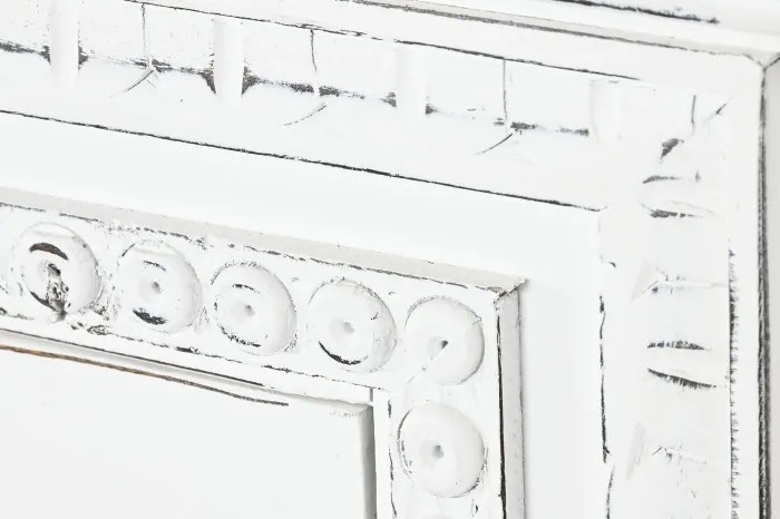 Bufet din lemn de mango, alb, cu 4 uși vitrate și decor sculptat, aspect vintage, finisaj antichizat, 100 x 180 x 40 cm, „Belline”