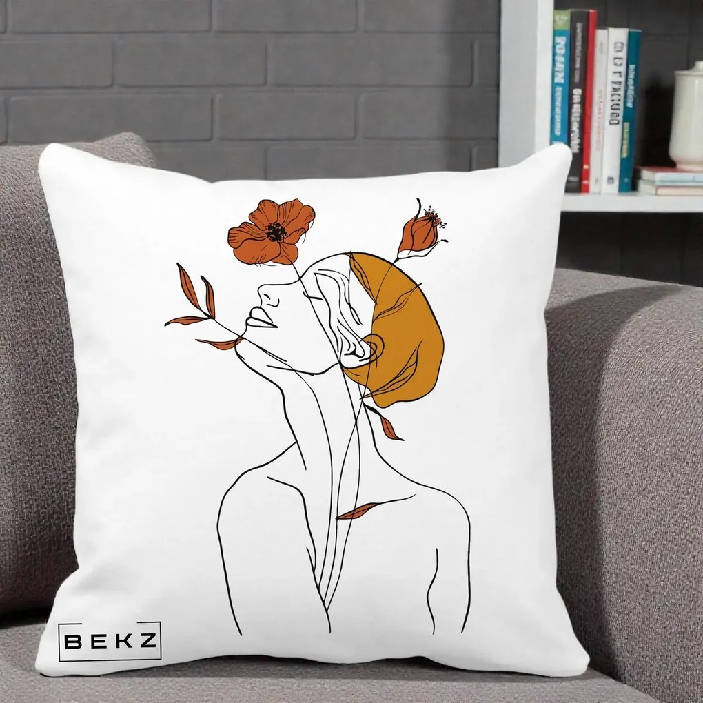 Perna Decorativa Portret Feminin Mac Privire Inalta, 40x40 cm, Alba Mata, Husa Detasabila, Perna Inclusa, BEKZ®
