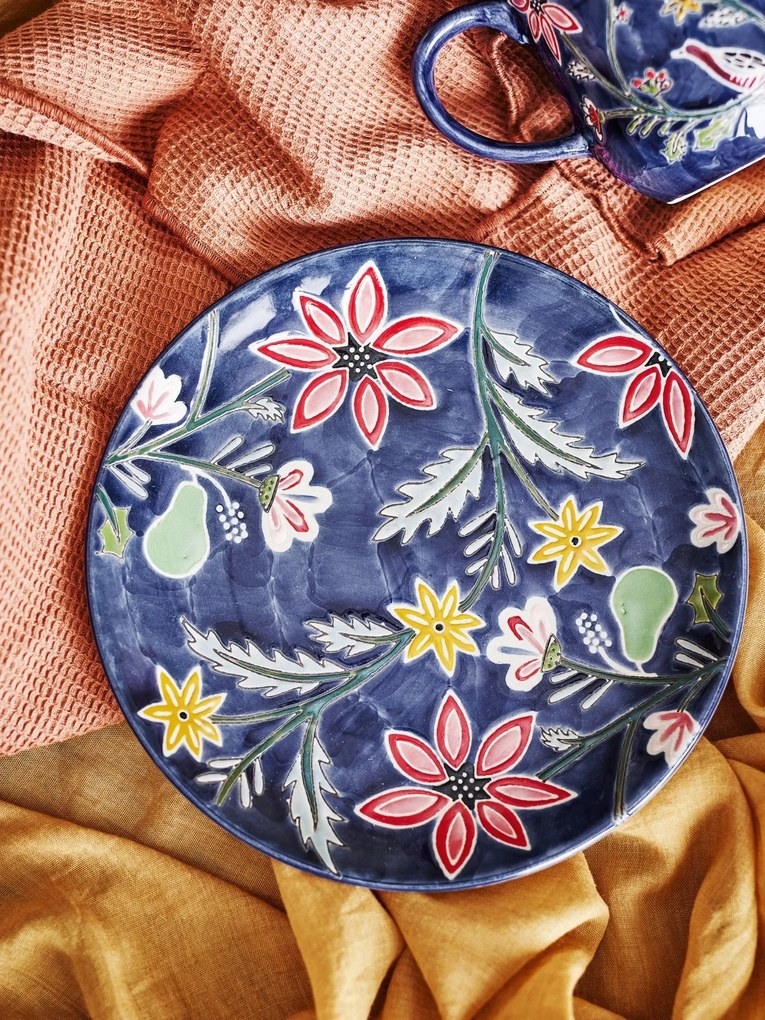 Set 4 farfurii din ceramică albastră cu motive florale dense pictate manual, 20,5×2,5 cm, „Meredith"