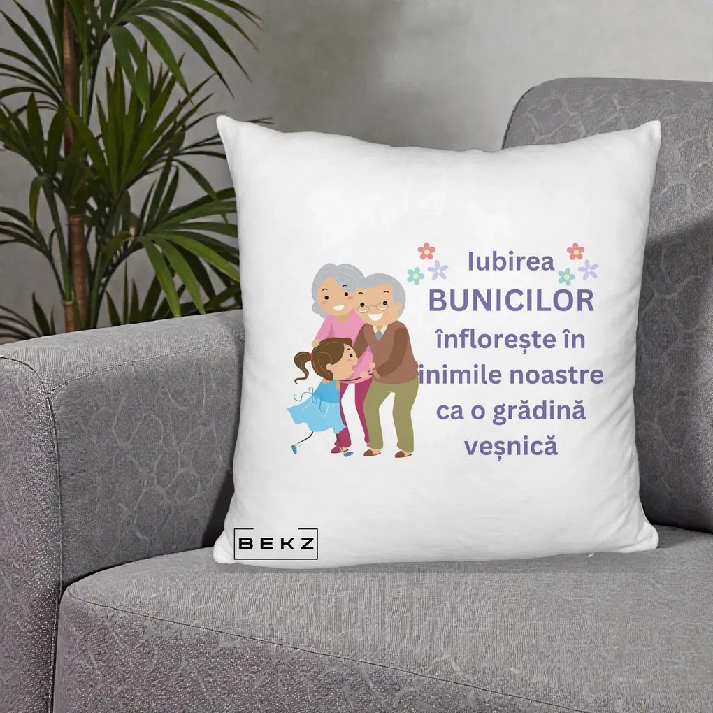 Perna personalizata bunici: Iubirea bunicilor, cu nepoata, text mov, 40x40 cm cu Umplutura, Alb Pufos, BEKZ