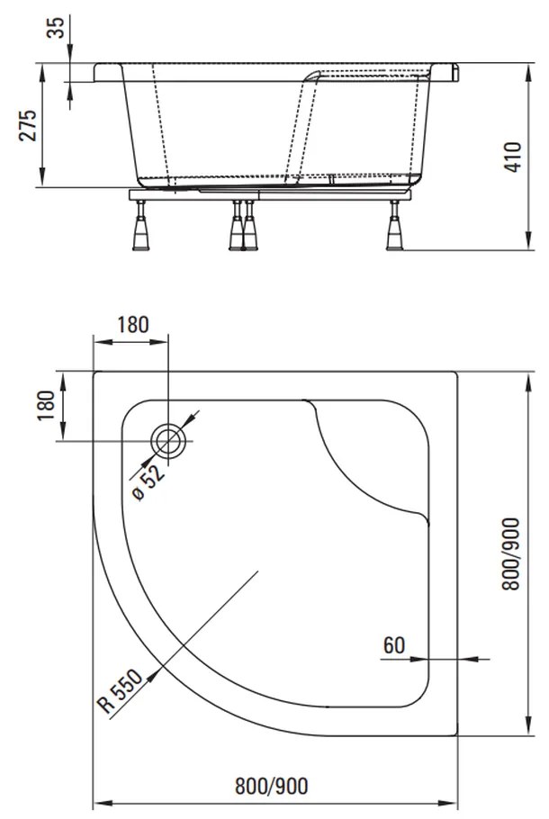 Cadita dus semirotunda inalta alba 90x90 cm Deante 900x900 mm